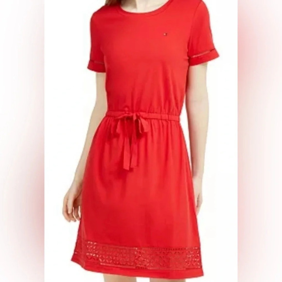 Tommy Hilfiger drawstring-waist eyelet trim red dress, Size: XL - Picture 1 of 5